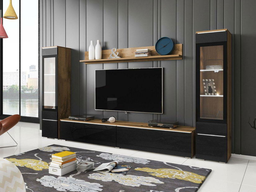 Nábytek do obývacího pokoje Selwyn II (wotan + černý lesk) (osvětlení led bílé)