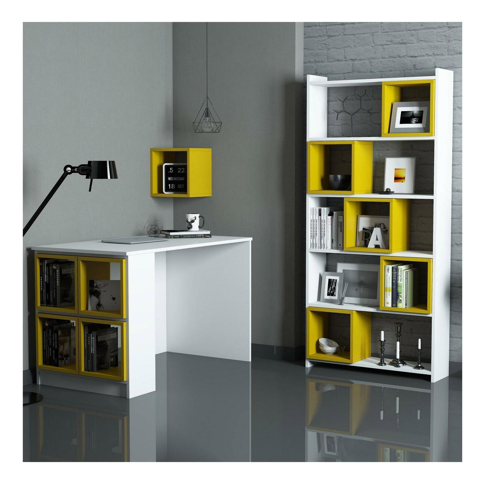 PC stolek s regálem Blanchet (bílá + žlutá)