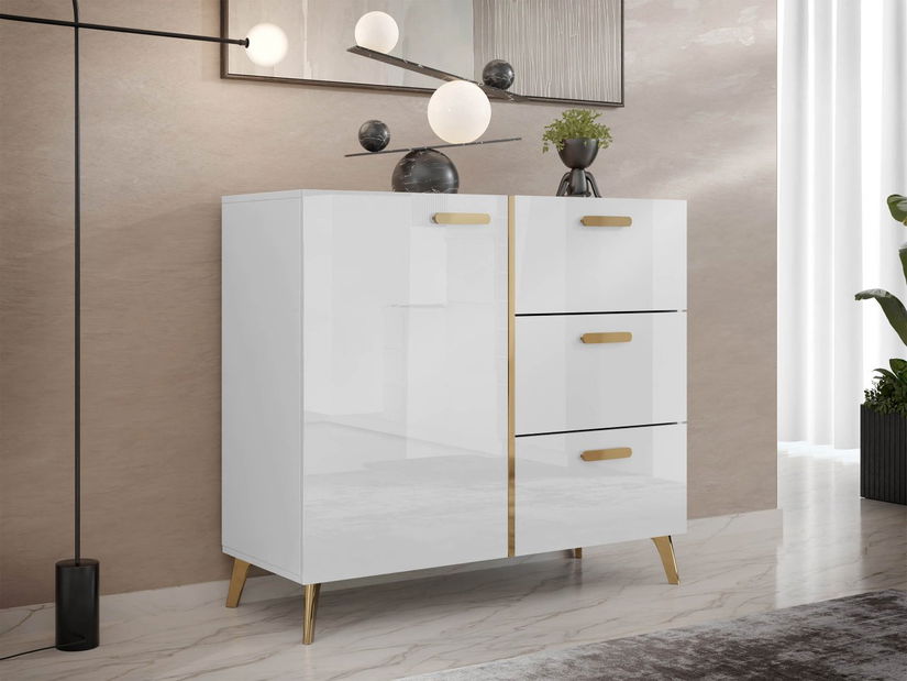 Komoda Rostasi 1D3SZ (bílá + bílá lesklá + zlatá)