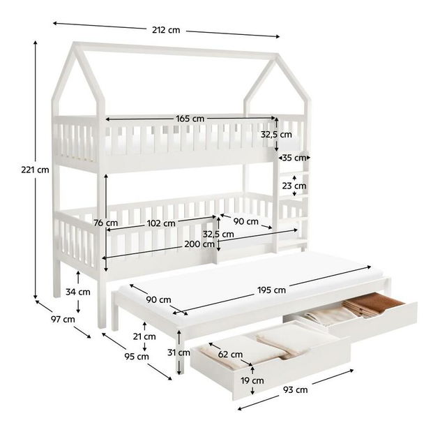 Dětská patrová postel s přistýlkou 90 cm Virtuoso (bílá) (s roštem) (s úl. prostorem)