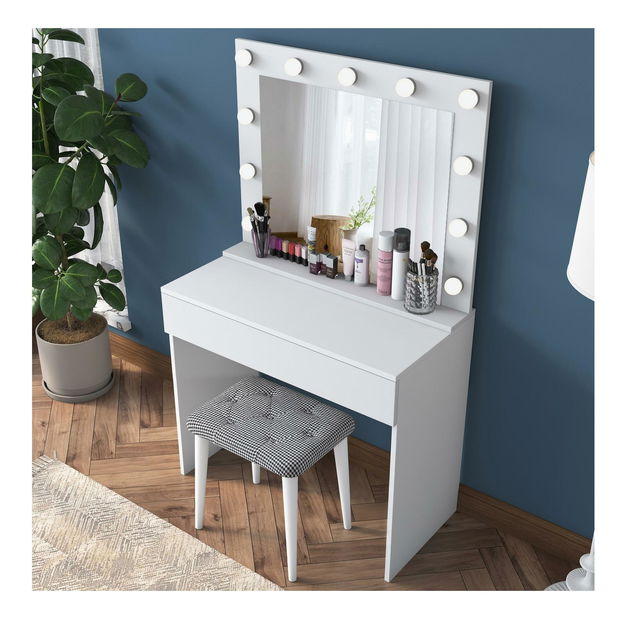 Toaletní stolek s taburetkou Blake 21 (se zrcadlem) (s LED osvětlením) (bílá)