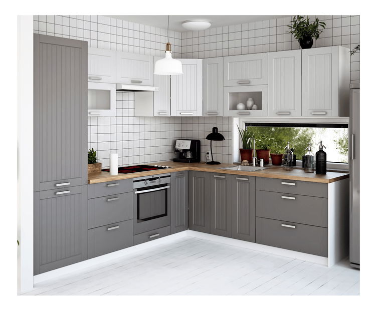 Rohová horní kuchyňská skříňka Janne Typ 10 (světle šedá + bílá)