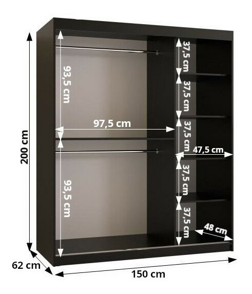 Šatní skříň 100 cm Riana Wa 1 150 (bílá matná + černá matná)