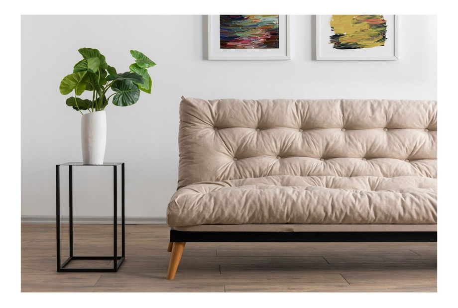 Rozkládací pohovka Sakotta (krémová + dřevo)