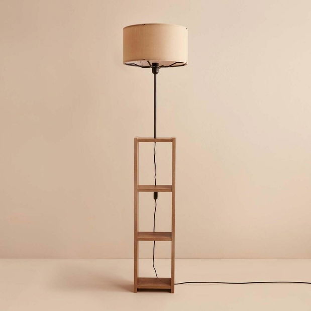 Stojanová lampa s policemi Astaresta 6 (béžová + dřevo)