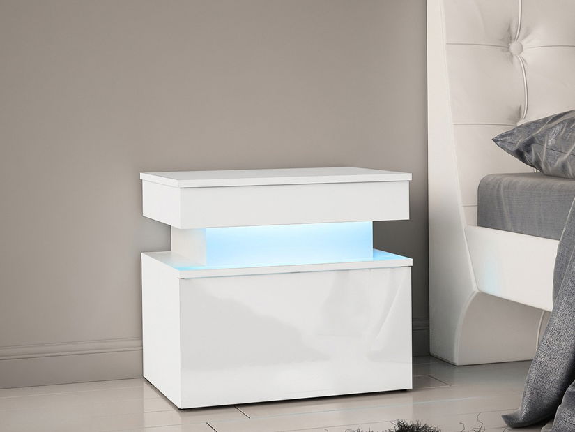 Noční stolek Lesteralo 1S (bílá + lesk bílý) (s modrým LED osvětlením)