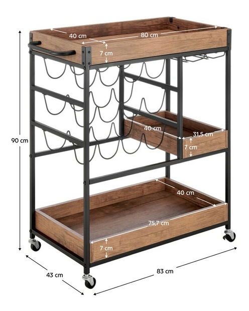 Servírovací vozík, dub tmavý/černá, PORTIS