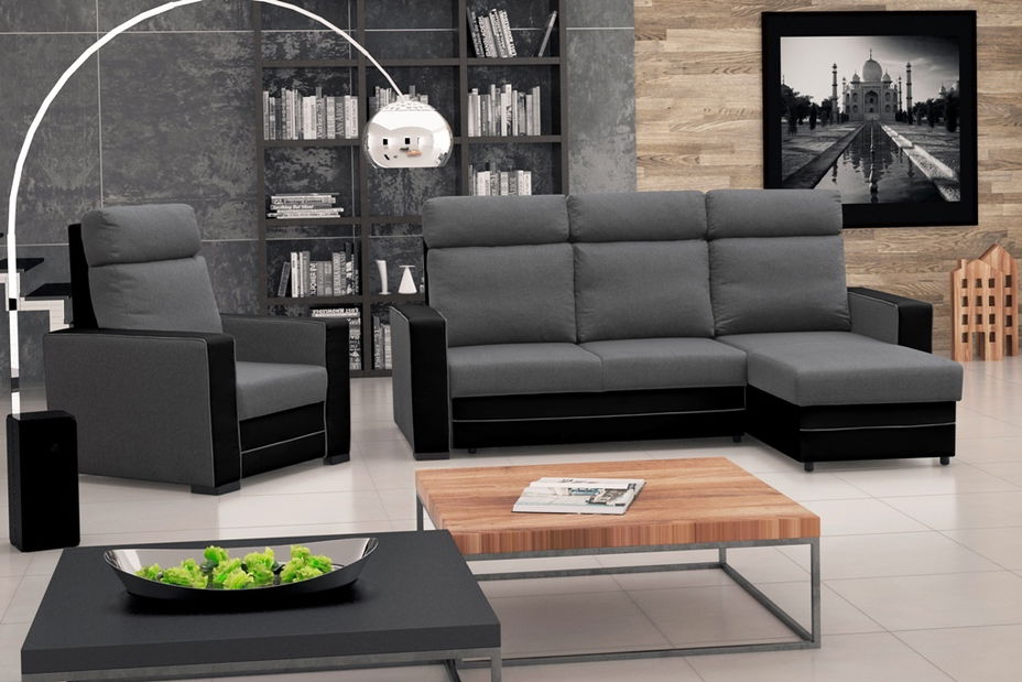 Rohová sedací souprava Maurita (tmavě šedá + černá) (P)