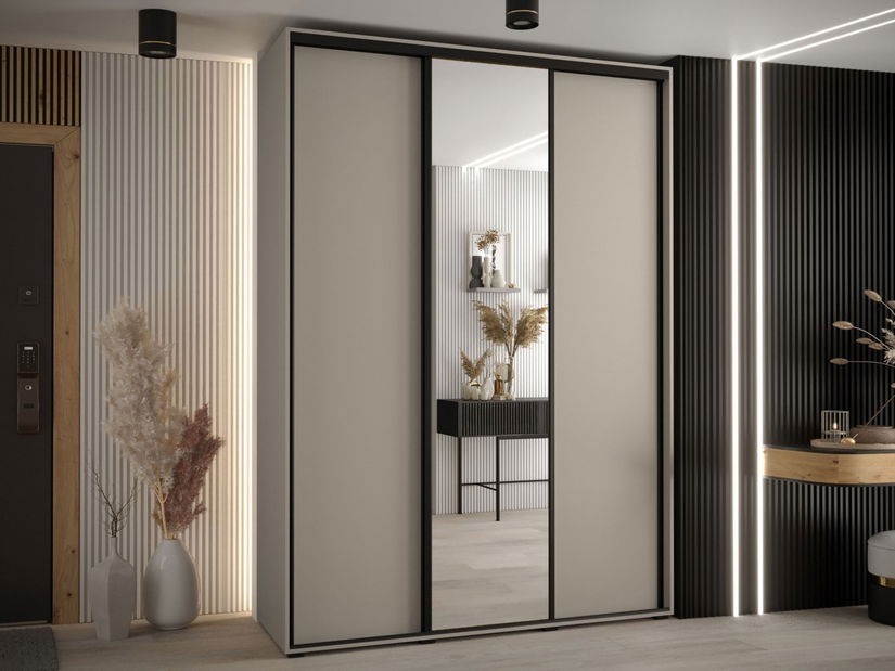 Šatní skříň s posuvnými dveřmi Foktra 3 180 (kašmír + černá) (se zrcadlem)