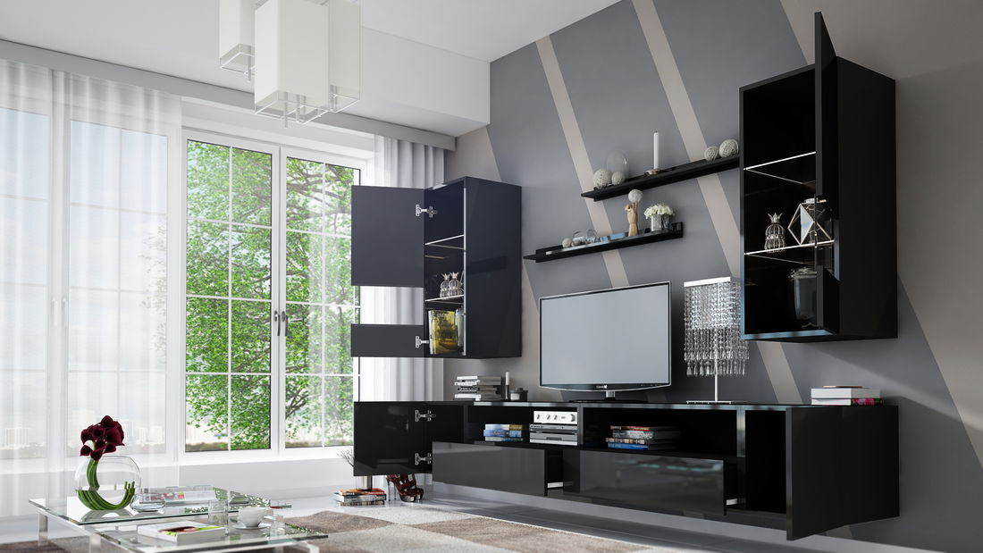 Obývací stěna Berny 41 (černá + černý lesk)