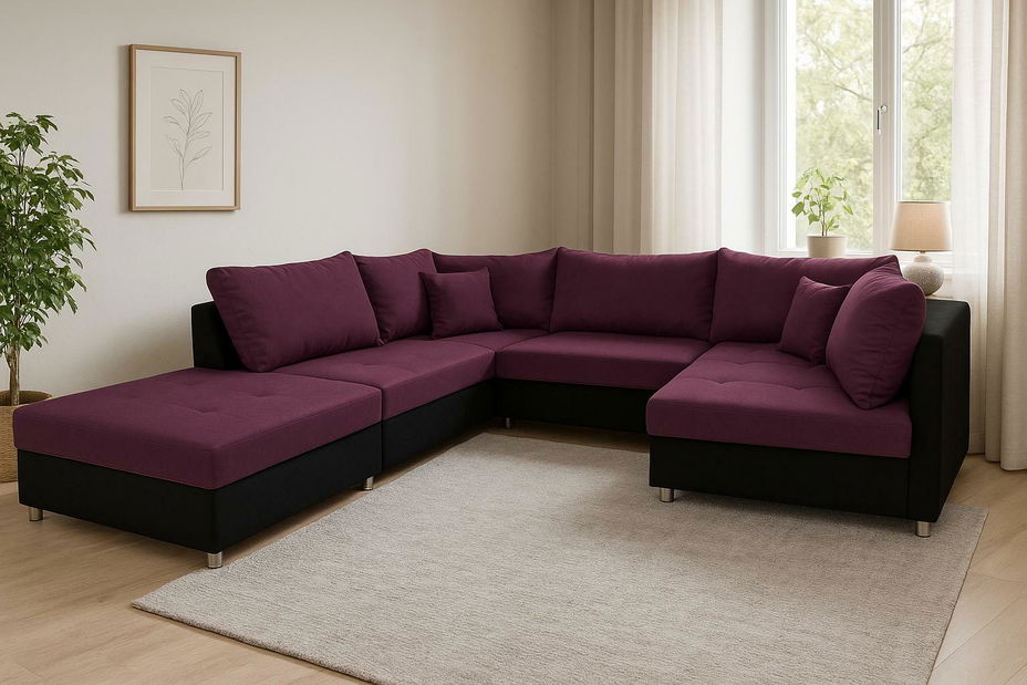 Rohová sedací souprava U Deron  (s taburetem) (L) (fialová + černá)