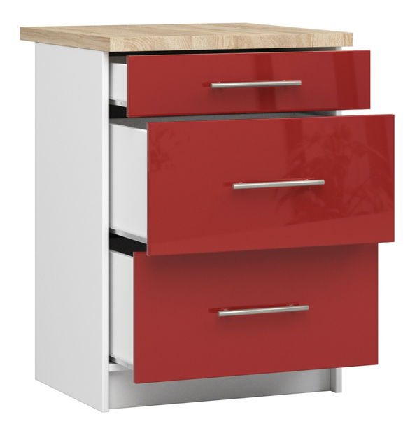 Dolní kuchyňská skříňka Ozara S60 3SZ (bílá + červený lesk)
