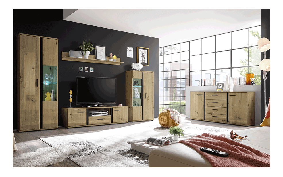 Obývací stěna Kardun (dub artisan + černá) (s LED osvětlením)