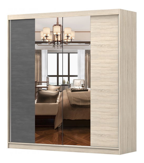 Šatní skříň Wisteria (dub sonoma + borovice černá norská + zrcadlo)