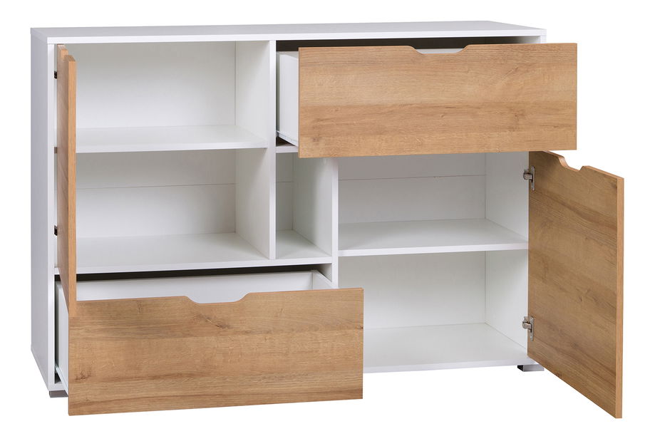 Komoda Iweta K2D2SZ (bílá matná + dub zlatý)