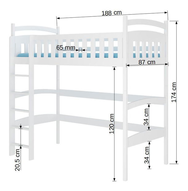 Patrová dětská postel 180x80 cm Milo (s roštem) (bílá)