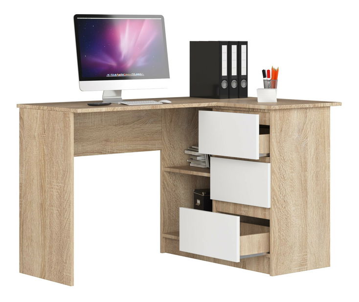 Rohový PC stolek Bodhi (dub sonoma + bílá) (P)
