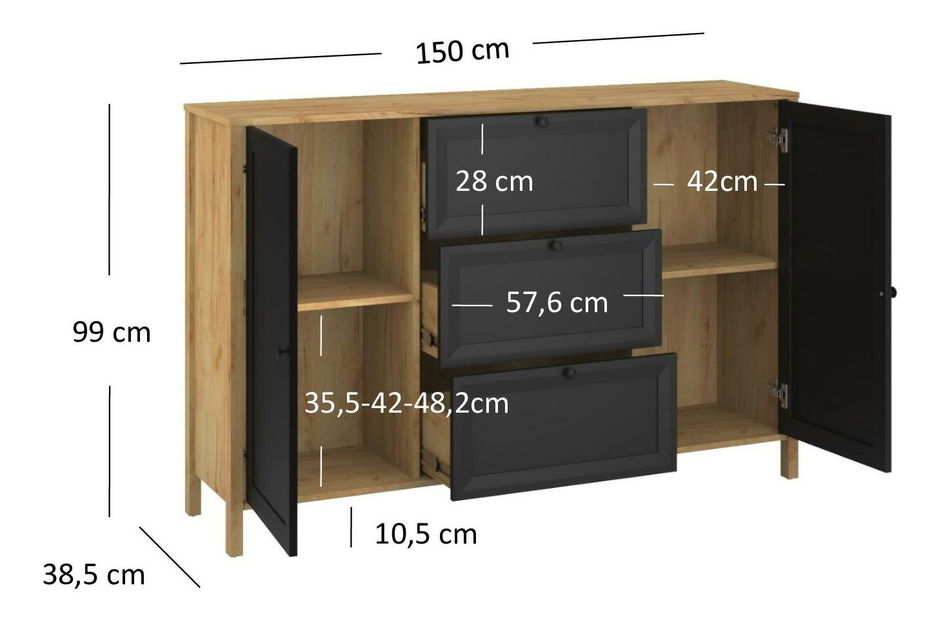 Komoda Bruselas 2 (dub craft zlatý + černá)