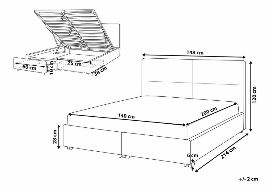 Manželská postel 140 cm Vissarion (šedá) (s roštem a úložným prostorem)