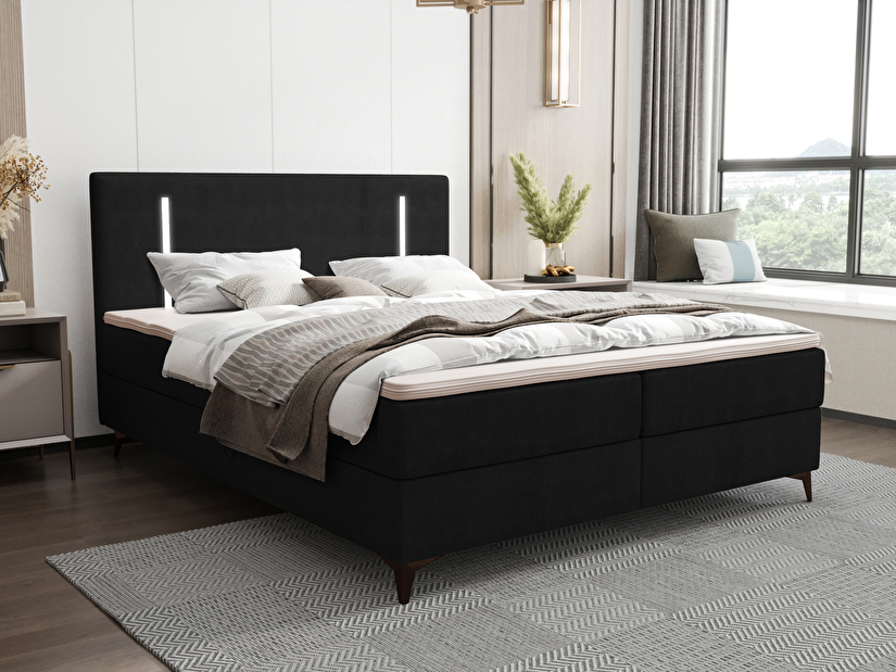 Manželská postel 200 cm Ortega Comfort (černá) (s roštem a matrací, s úl. prostorem) (s LED osvětlením)