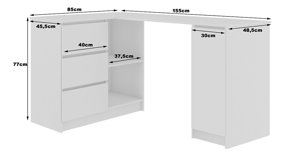 Rohový PC stolek Bevin (bílý lesk) (L)