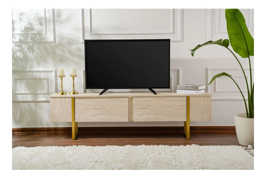 TV skříňka Seronitta (travertin + zlatá)