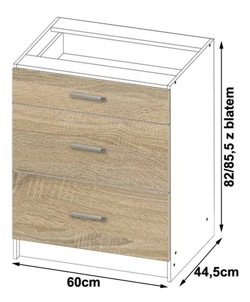 Dolní kuchyňská skříňka Lula s60 sz3 (matná bílá + dub sonoma)