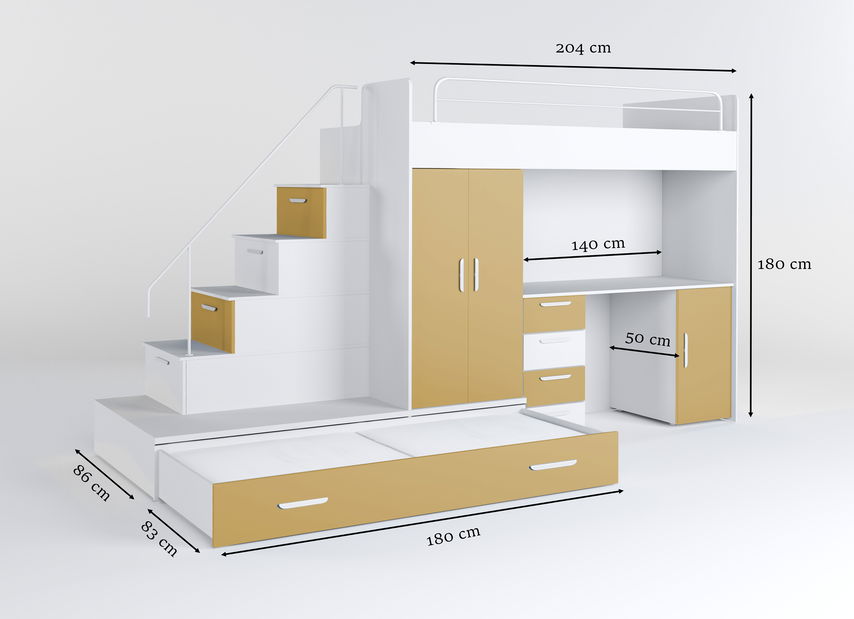 Dětská postel Ruby V (bílá + žlutá) (s rošty)
