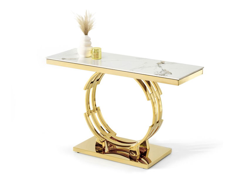 Konzolový stolek Tess (bílý mramor + zlatá)
