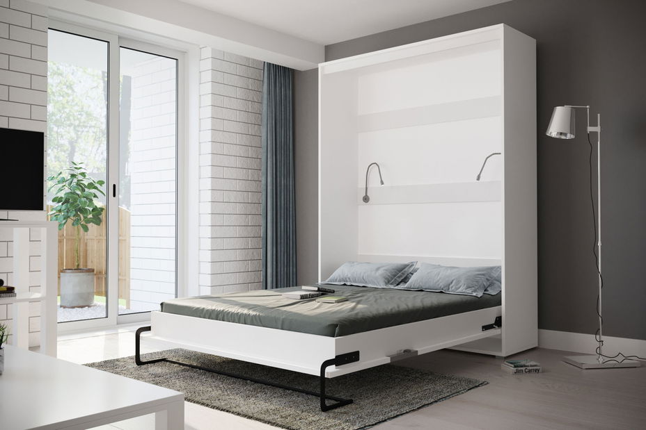 Sklapovací postel 160 Homer (bílá matná + lesklá bílá) (vertikální) (s osvětlením)