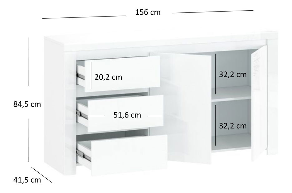 Komoda Leona 2D3S (bílá lesklá)