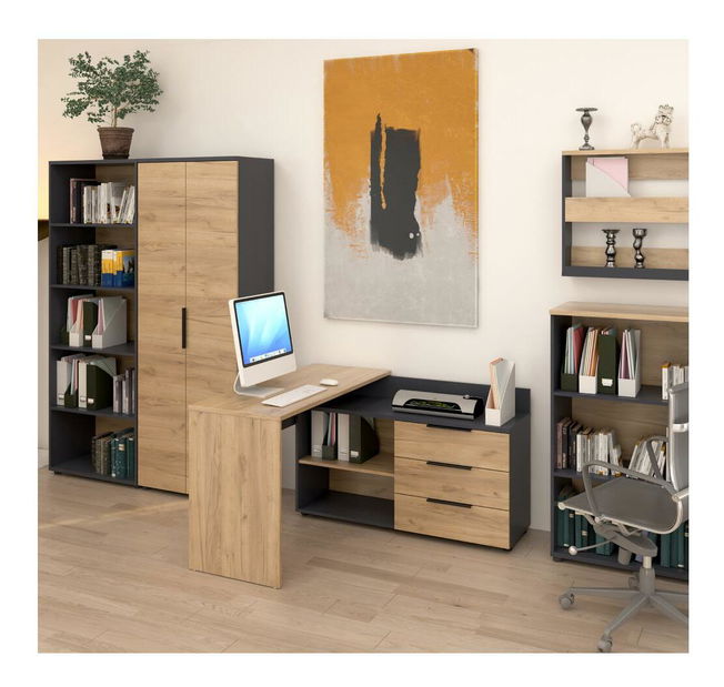 Rohový PC stolek Klodekas 9 (grafit + dub artisan)