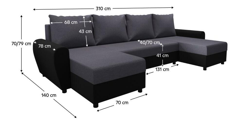 Rohová sedačka ve tvaru U Debiera (šedá + černá) (s úl. prostorem)