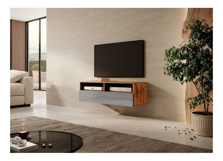 TV skříňka/stolek Redcan 100 (s osvětlením) (dub wotan + šedá)