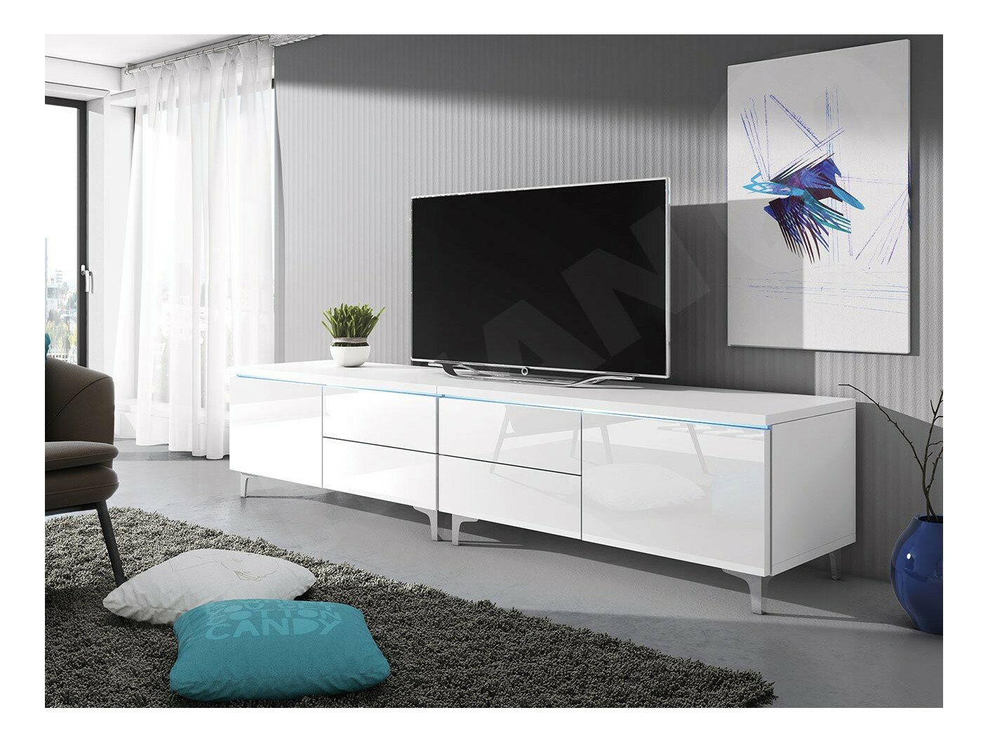 Set 2 TV skříněk Clea XI W Double (bílá + lesk bílý) (s modrým LED osvětlením)