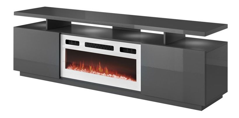TV skříňka s krbem Anaceta (bílá + grafit + lesk grafit) (s LED osvětlením)