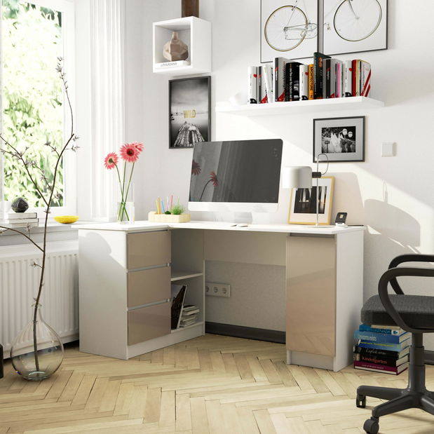 Rohový PC stolek Bevin (bílá + cappuccino lesk) (L)