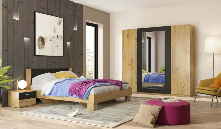 Manželská postel 180 cm Verwood Typ 82 (s nočními stolky) (dub artisan + dub černý)