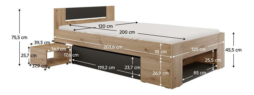 Jednolůžková postel 120 cm Uniforme (dub artisan + antracit) (s úl. prostorem)