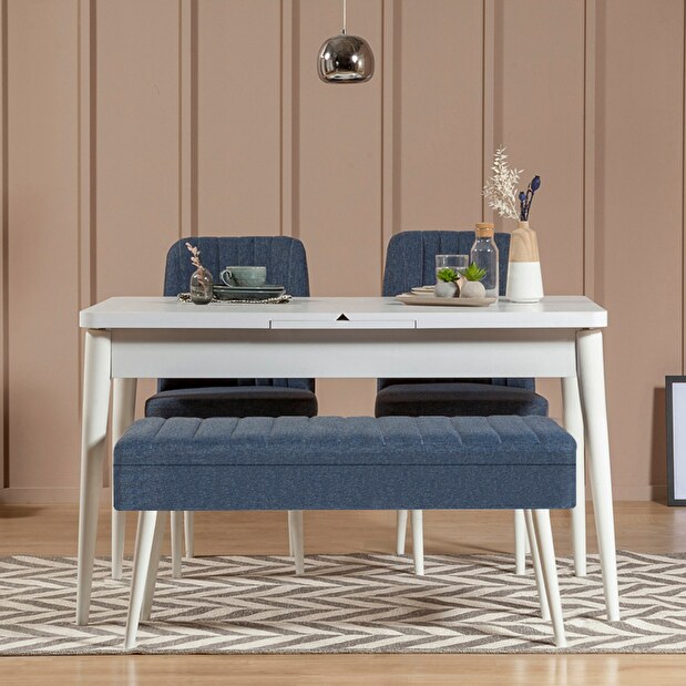 Rozkládací jídelní stůl se 2 židlemi a lavicí Vlasta (bílá + tmavě modrá)