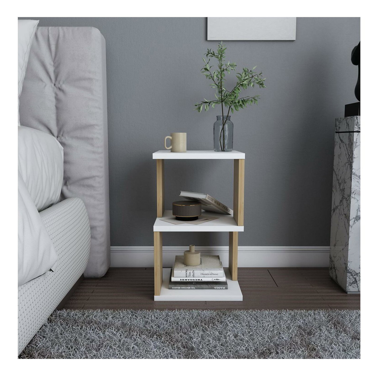 Noční stolek Caramello (bílá + dub)