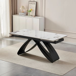 Rozkládací jídelní stůl Lungo (bílý mramor + černá) (pro 6-8 osob)