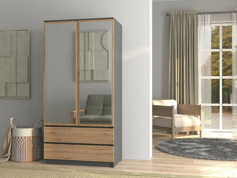 Šatní skříň Musecalo 1 (antracit + dub artisan) (se zrcadlem)