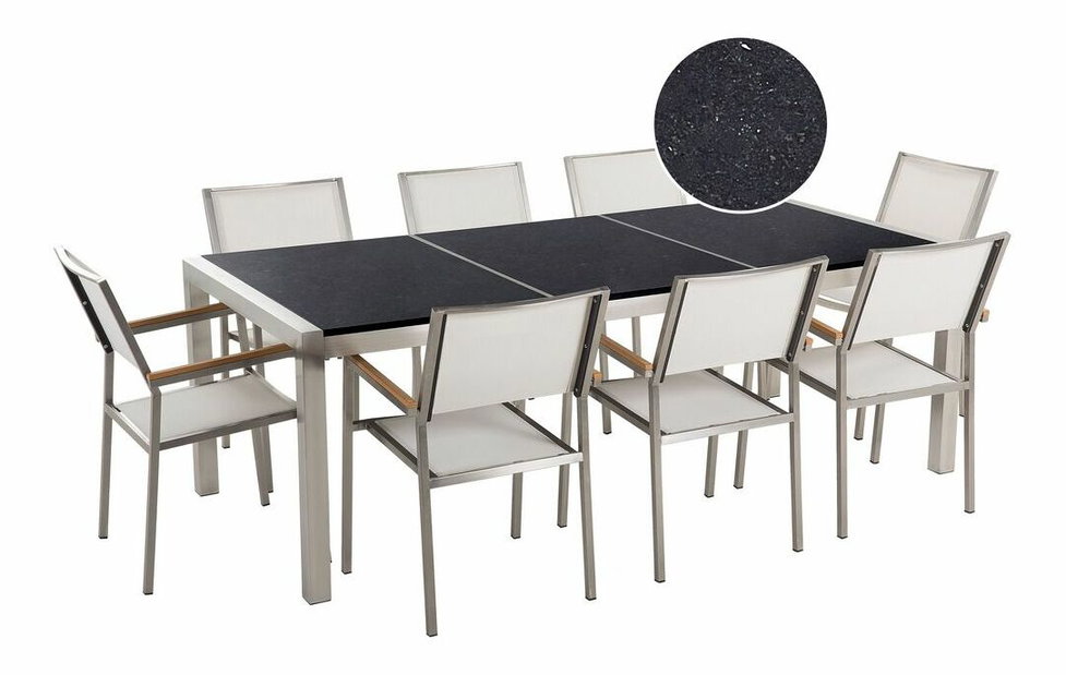 Zahradní jídelní sada Grosso (černá) (bílé židle) (pro 8 osob) (kámen)