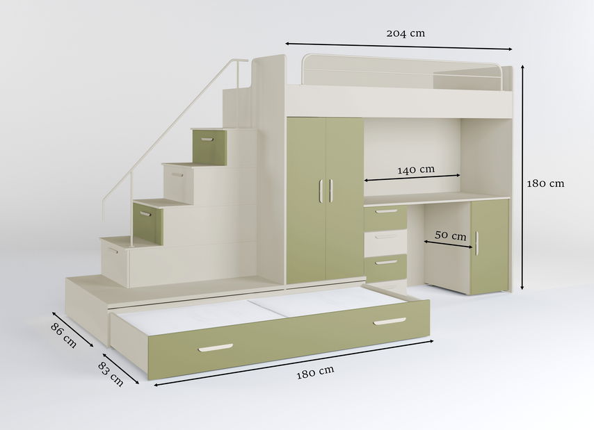 Dětská postel Ruby V (bílá + olivová) (s rošty)