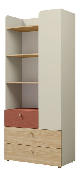 Šatní skříň Yoda 3 (světlobéžová + dub olejovaný + korálová)