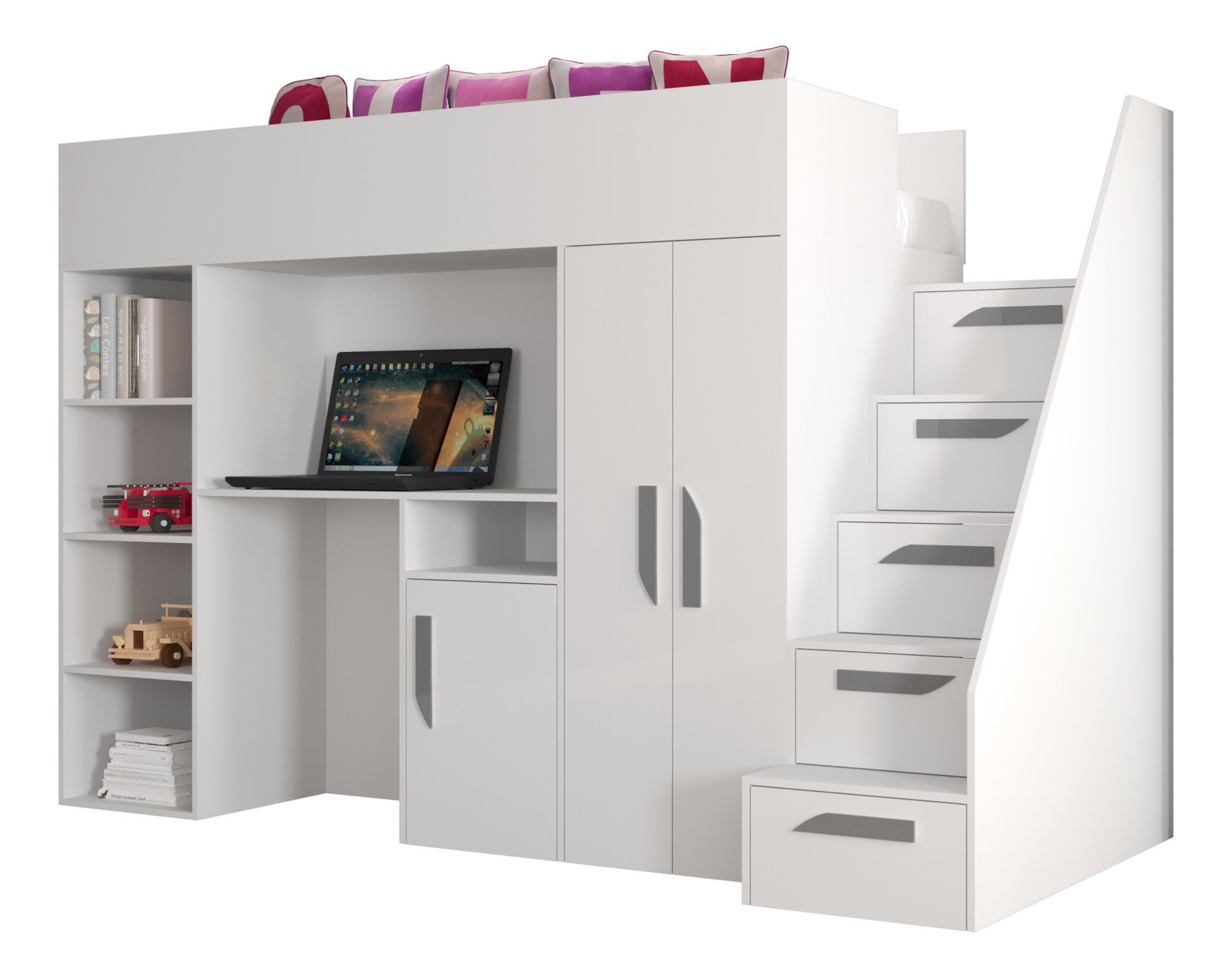 Dětská kombinovaná postel 90 cm Puro 14 (matná bílá + bílý lesk + šedé úchytky)
