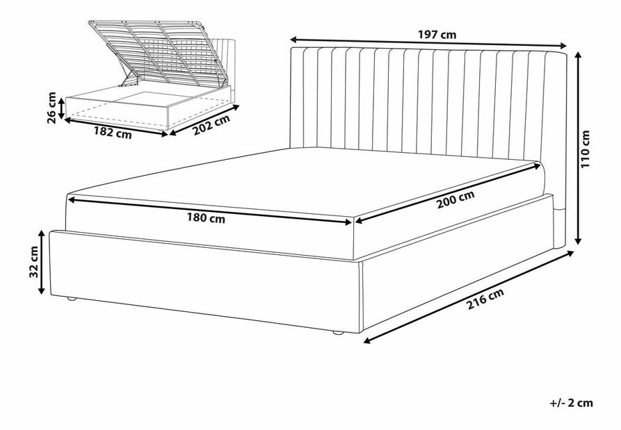 Manželská postel 180 cm Vakarine (šedá) (s roštem a úložným prostorem)
