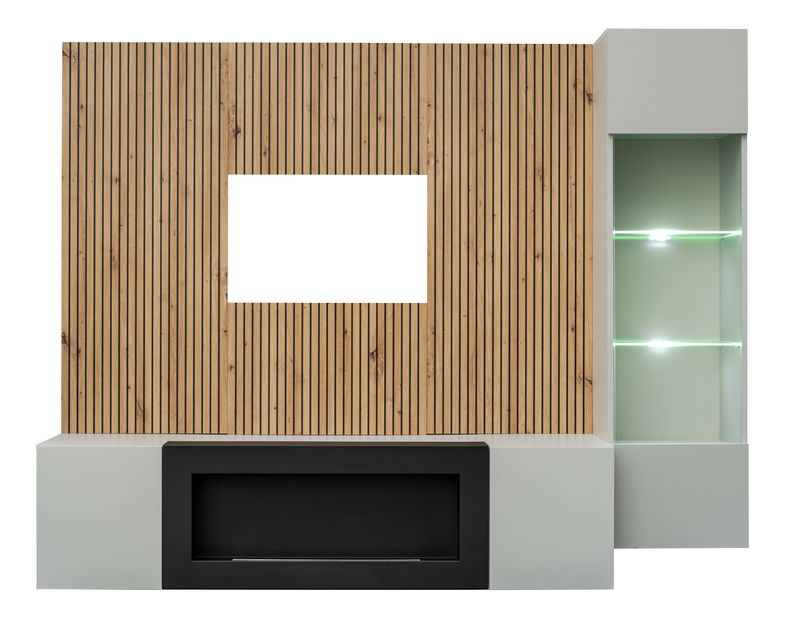 Obývací stěna Xavus L-K (perla grey + dub artisan) (s osvětlením) (s bio krbem)