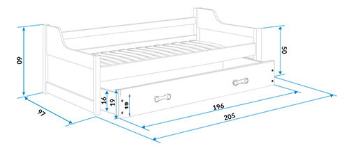Rozkládací postel 90 x 200 cm Dimar (borovice + modrá) (s rošty, matracemi a úl. prostorem)